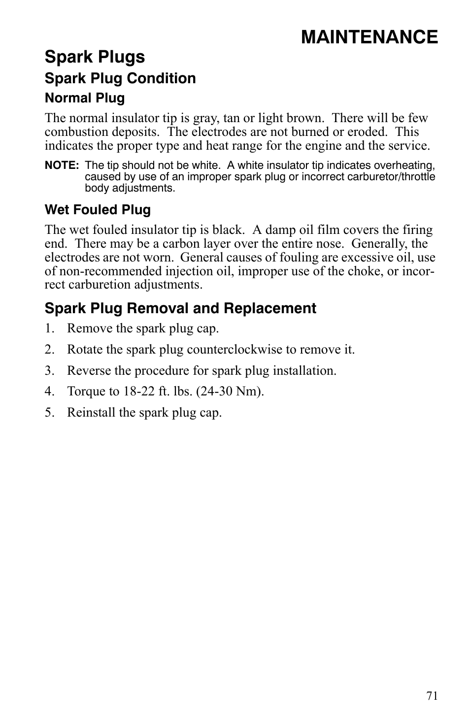 Maintenance, Spark plugs | Polaris 550 IQ Shift User Manual | Page 74 / 121