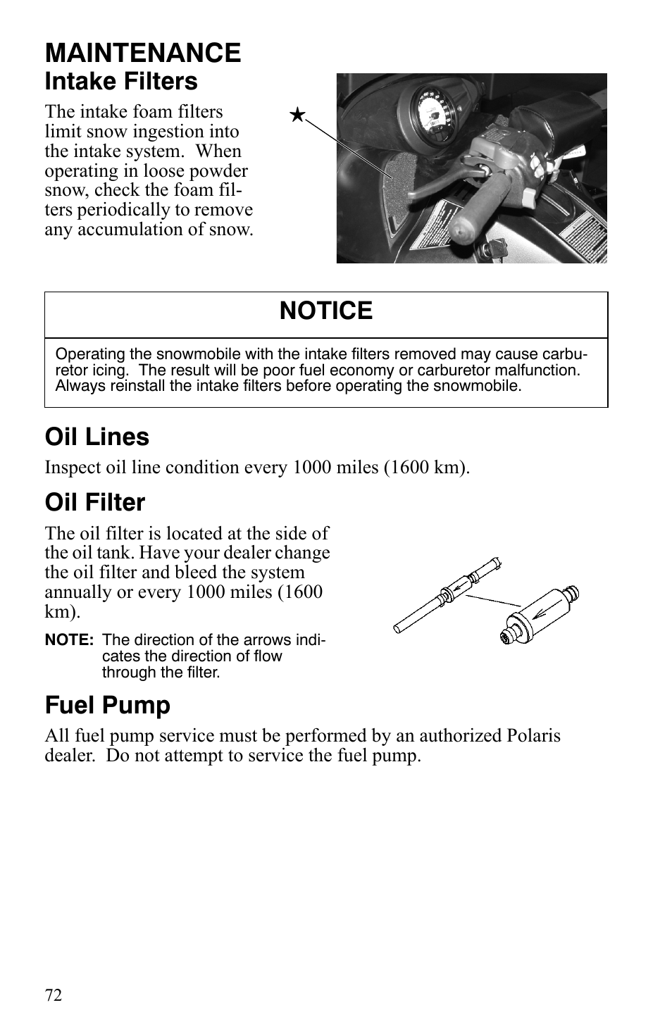 Maintenance, Intake filters, Oil lines | Oil filter, Fuel pump, Notice | Polaris 550 IQ Shift User Manual | Page 75 / 121