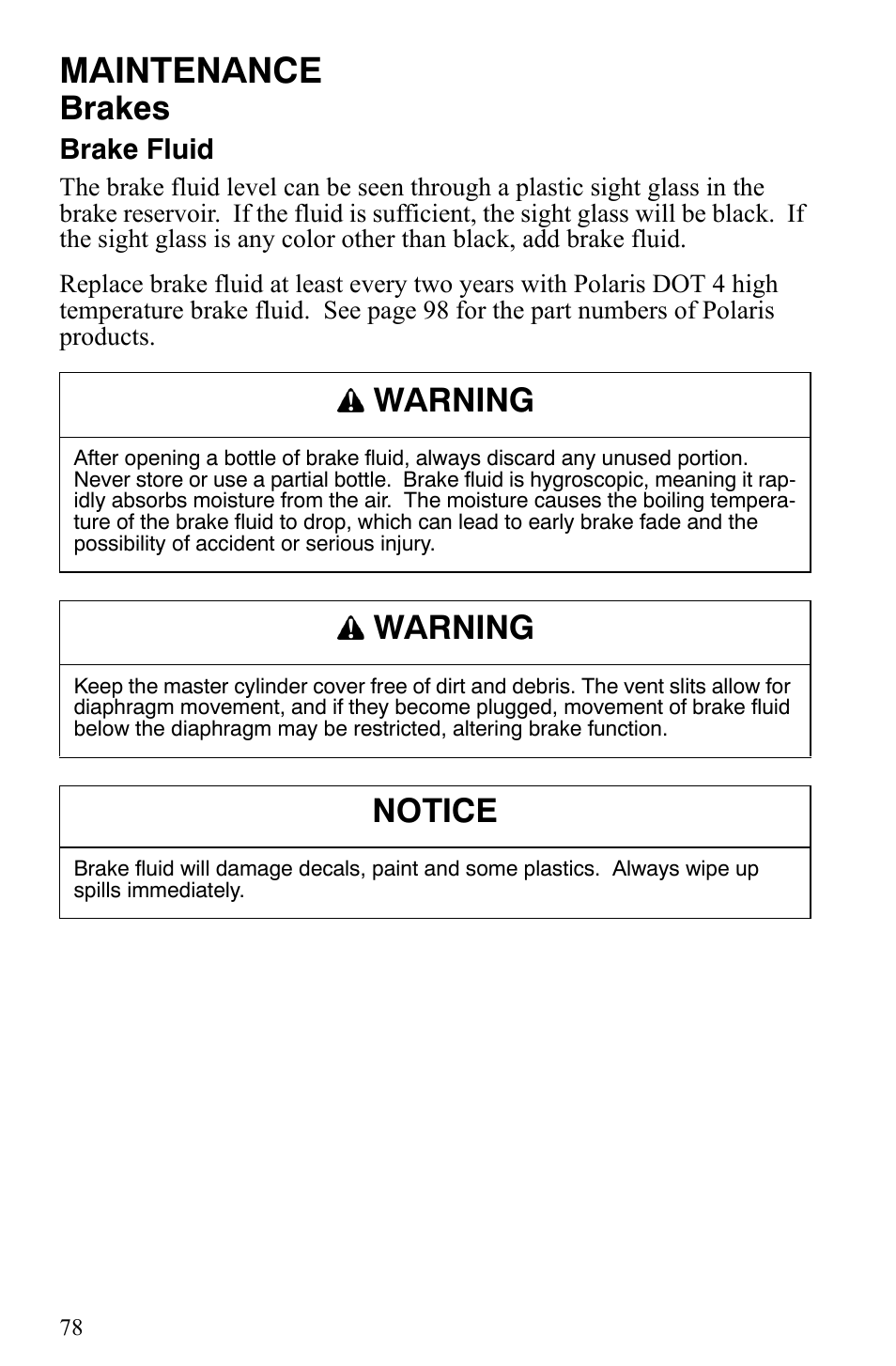 Maintenance, Brakes, Warning | Notice | Polaris 550 IQ Shift User Manual | Page 81 / 121