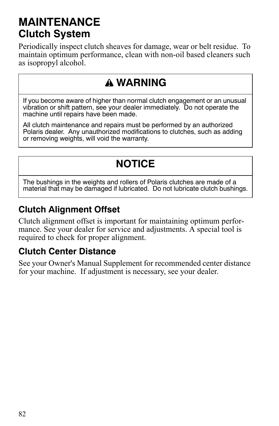 Maintenance, Clutch system, Warning | Notice | Polaris 550 IQ Shift User Manual | Page 85 / 121