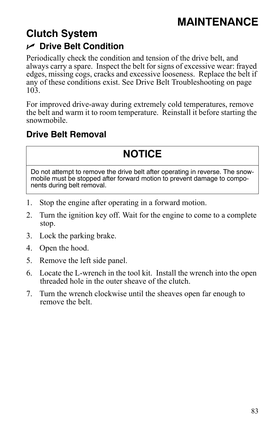 Maintenance, Clutch system, Notice | Polaris 550 IQ Shift User Manual | Page 86 / 121