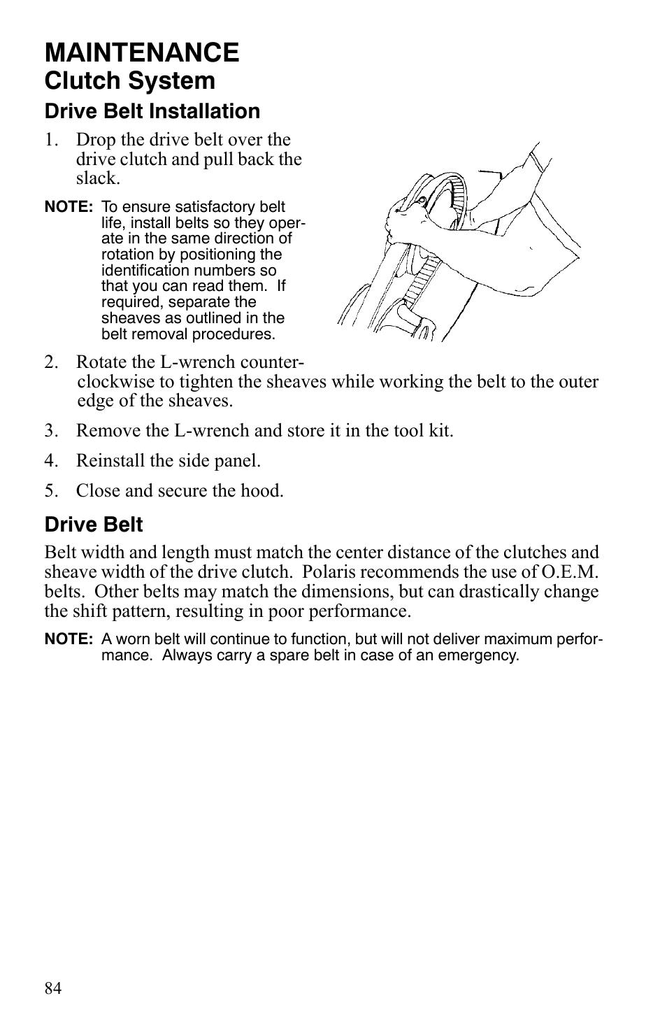 Maintenance, Clutch system, Drive belt installation | Drive belt | Polaris 550 IQ Shift User Manual | Page 87 / 121