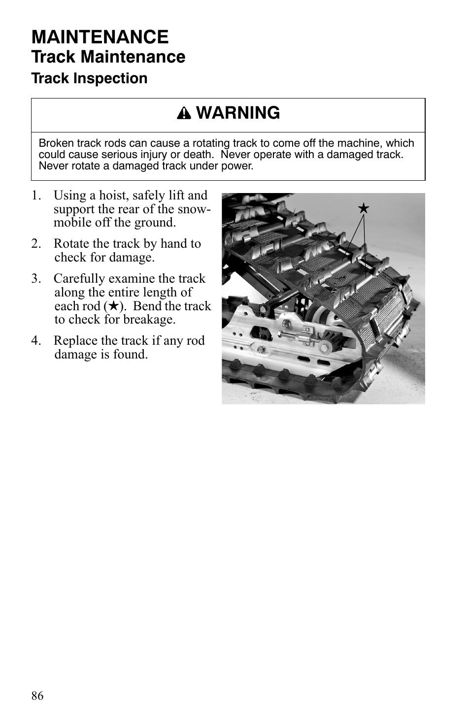 Maintenance, Track maintenance, Warning | Polaris 550 IQ Shift User Manual | Page 89 / 121