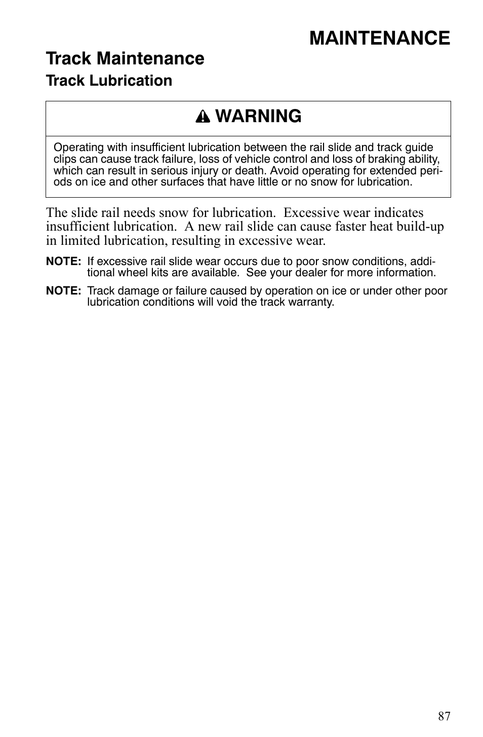 Maintenance, Track maintenance, Warning | Track lubrication | Polaris 550 IQ Shift User Manual | Page 90 / 121