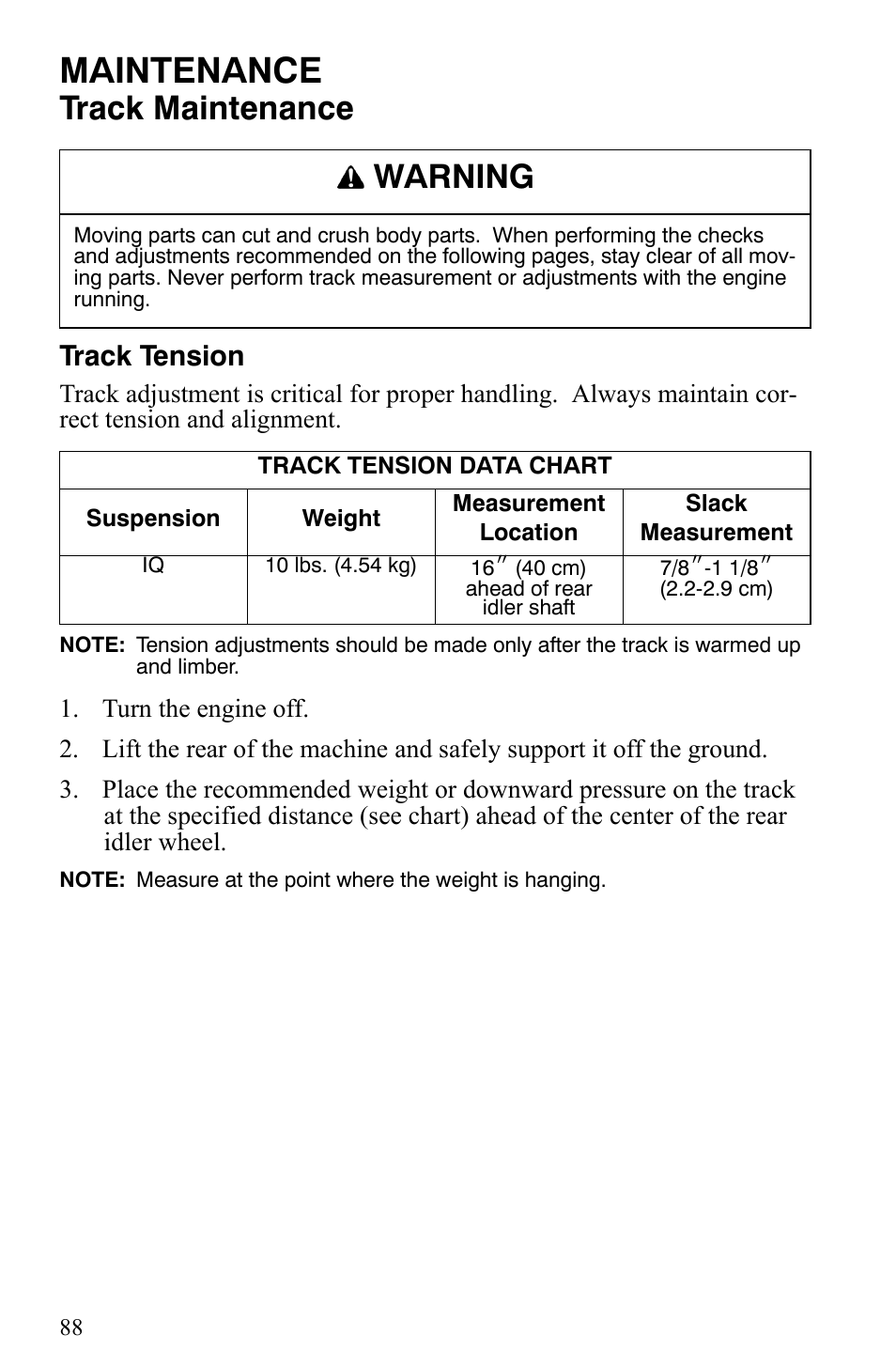 Maintenance, Track maintenance, Warning | Track tension | Polaris 550 IQ Shift User Manual | Page 91 / 121