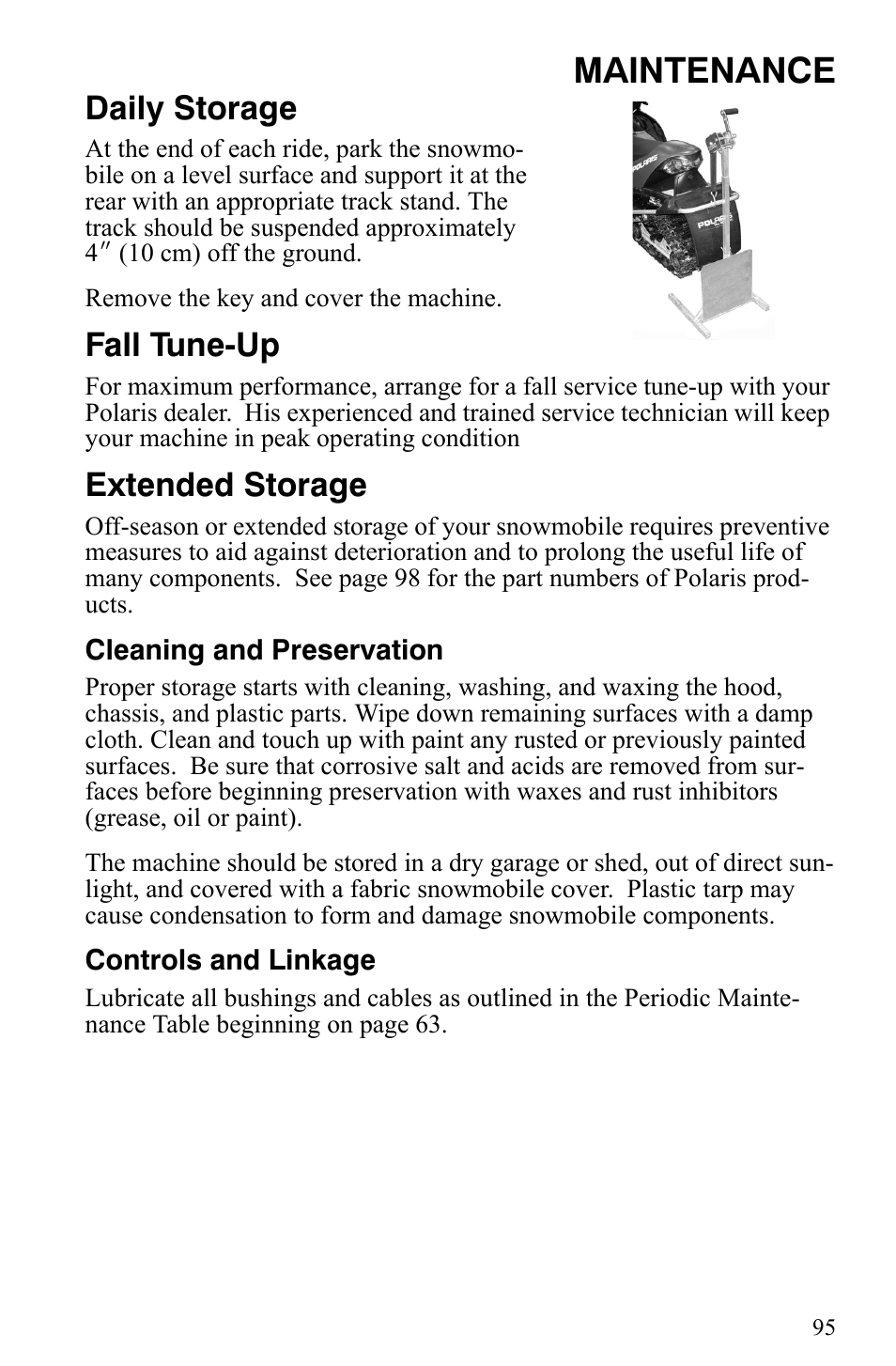 Maintenance, Daily storage, Fall tune-up | Extended storage | Polaris 550 IQ Shift User Manual | Page 98 / 121