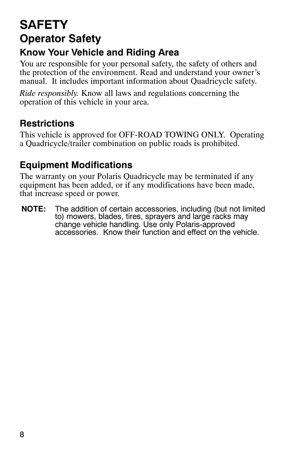 Safety, Operator safety | Polaris Trail Boss 330 Quadricycle User Manual | Page 10 / 119