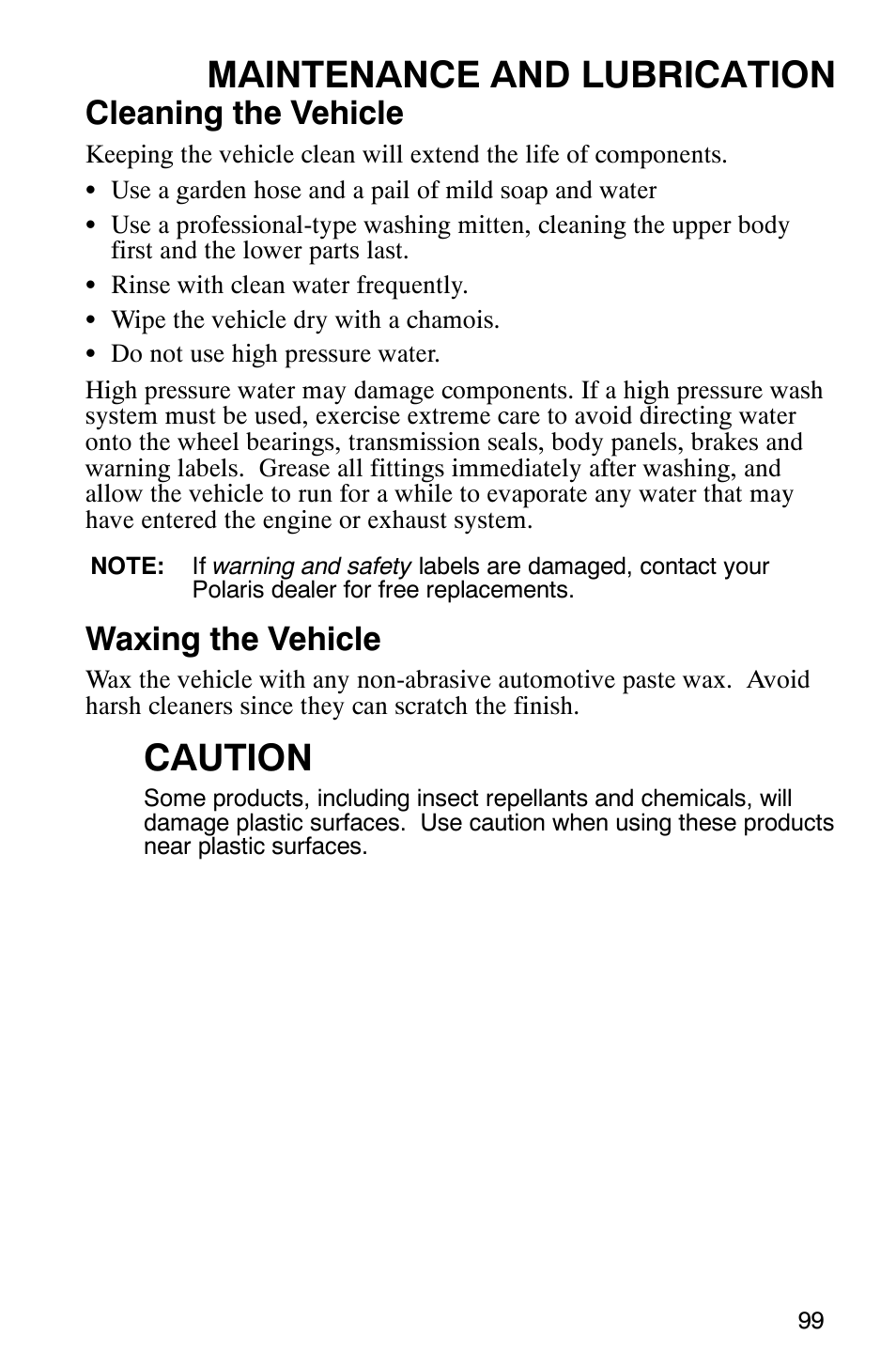 Maintenance and lubrication, Caution, Cleaning the vehicle | Waxing the vehicle | Polaris Trail Boss 330 Quadricycle User Manual | Page 101 / 119