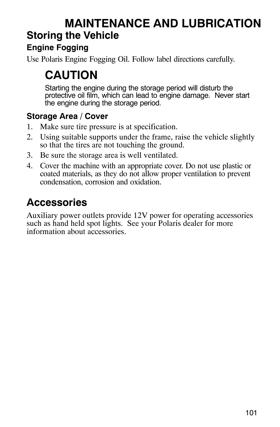 Maintenance and lubrication, Caution, Storing the vehicle | Accessories | Polaris Trail Boss 330 Quadricycle User Manual | Page 103 / 119