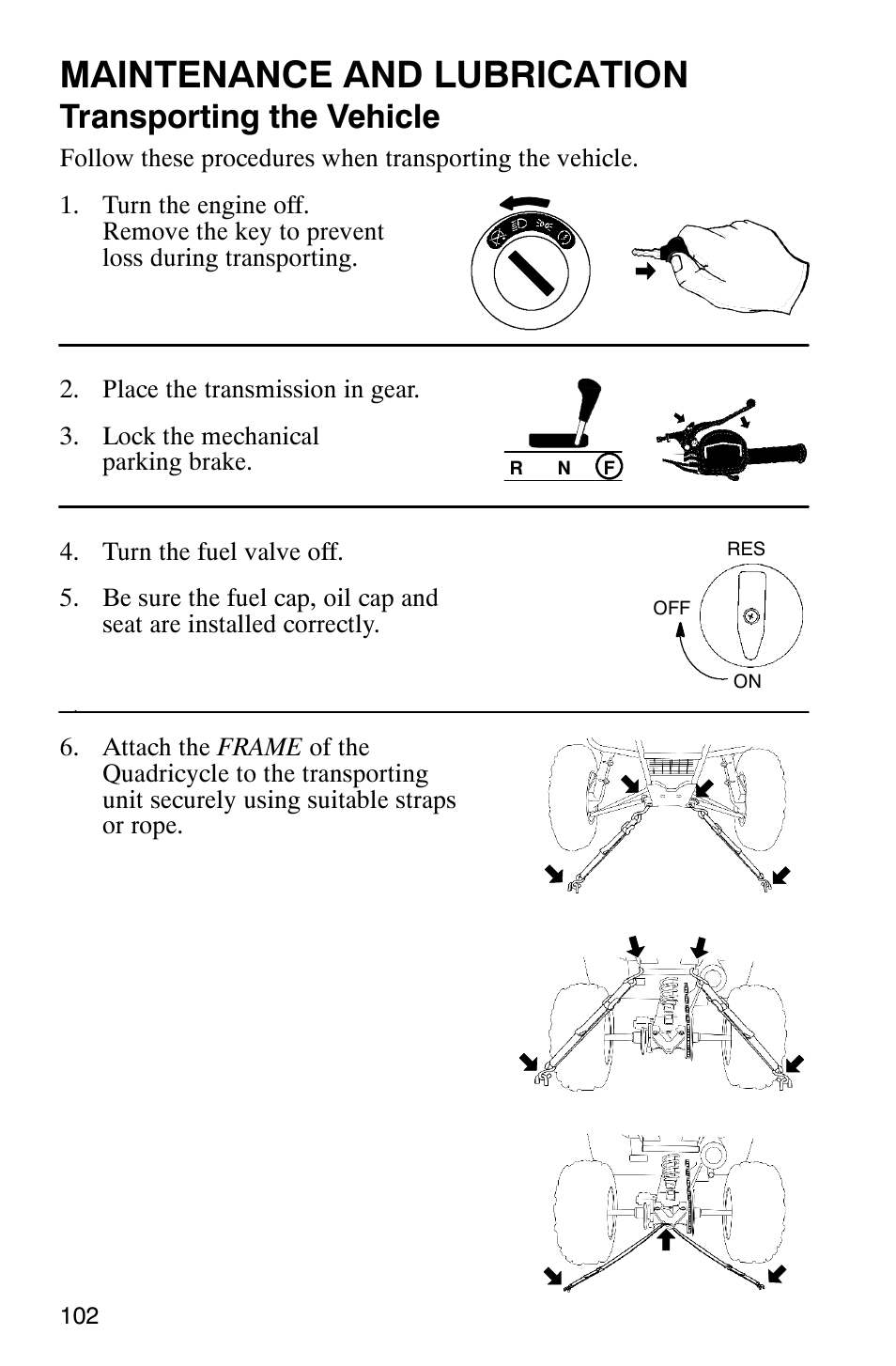 Maintenance and lubrication, Transporting the vehicle | Polaris Trail Boss 330 Quadricycle User Manual | Page 104 / 119
