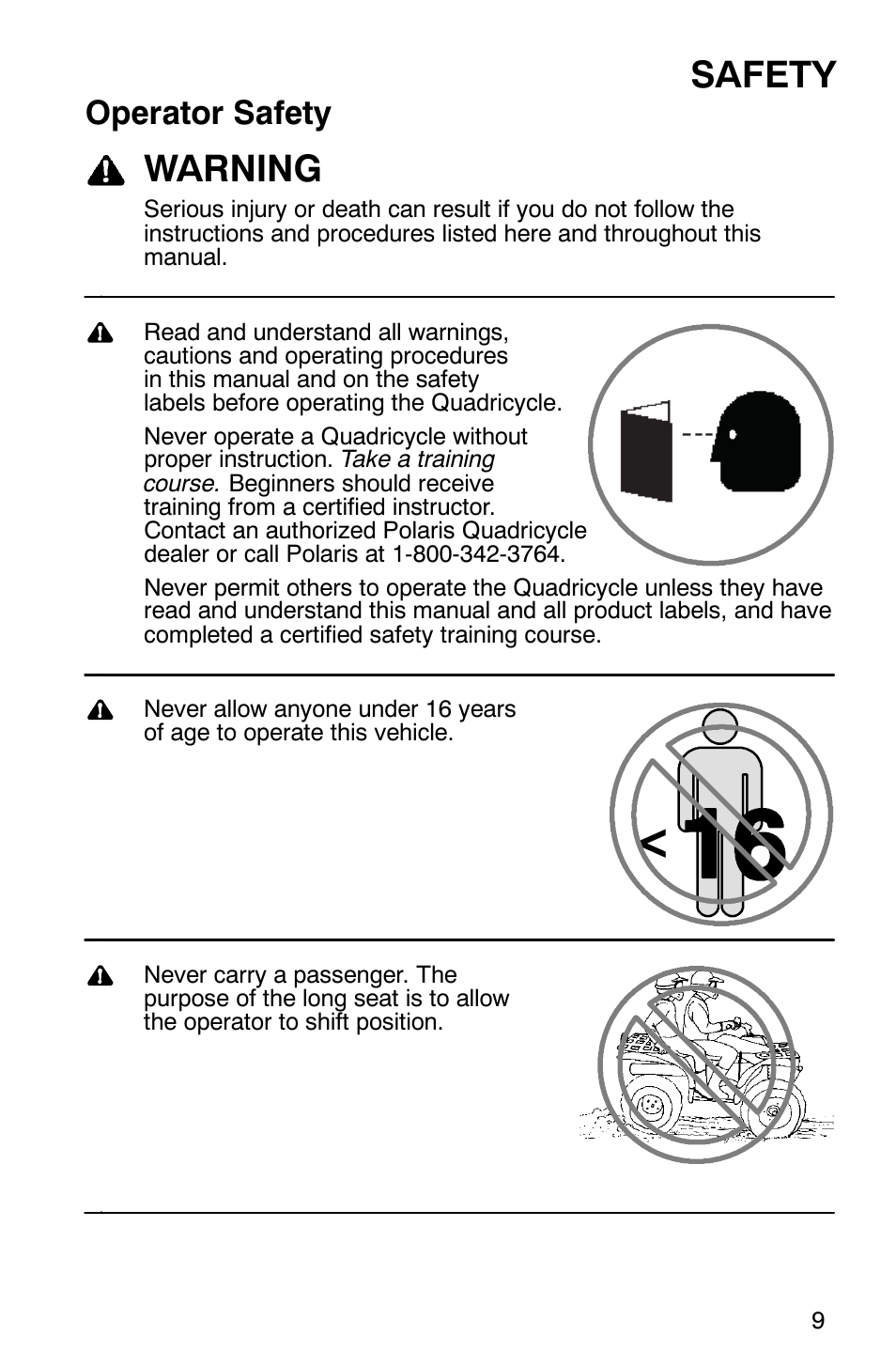 Safety, Warning, Operator safety | Polaris Trail Boss 330 Quadricycle User Manual | Page 11 / 119