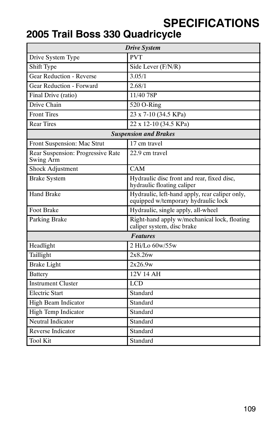 Specifications | Polaris Trail Boss 330 Quadricycle User Manual | Page 111 / 119