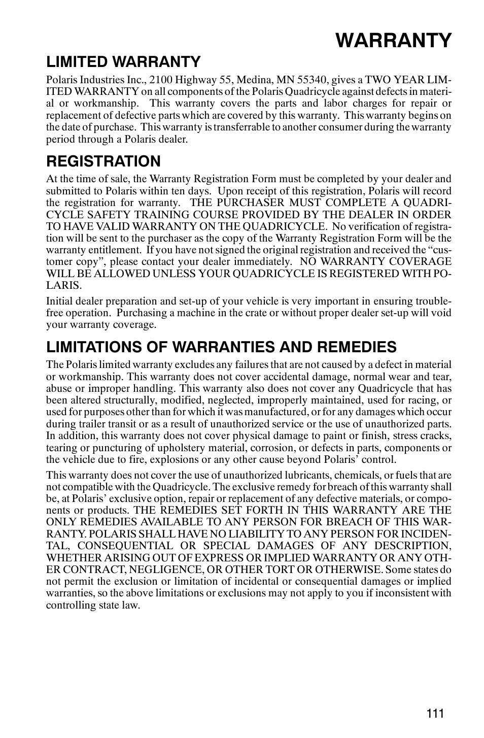 Warranty, Limited warranty, Registration | Limitations of warranties and remedies | Polaris Trail Boss 330 Quadricycle User Manual | Page 113 / 119