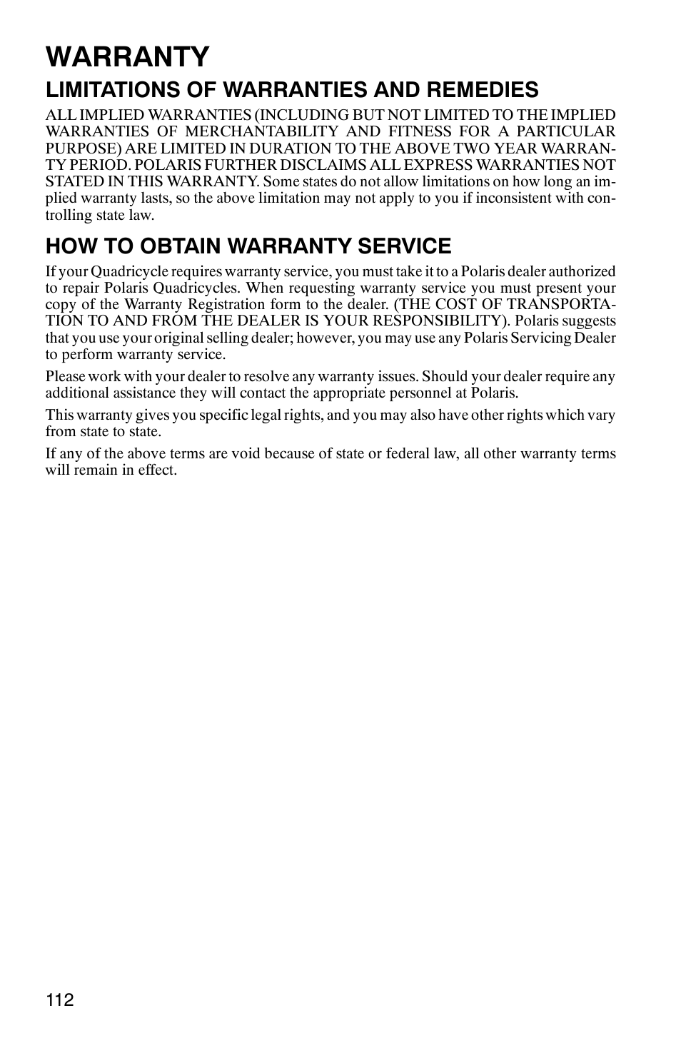 Warranty, Limitations of warranties and remedies, How to obtain warranty service | Polaris Trail Boss 330 Quadricycle User Manual | Page 114 / 119