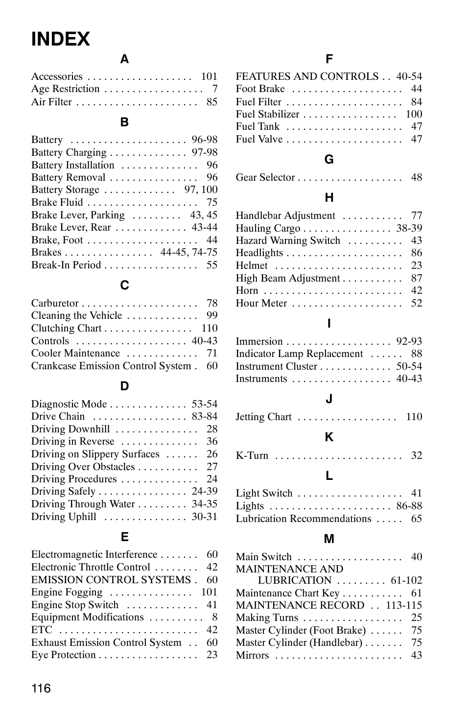 Index | Polaris Trail Boss 330 Quadricycle User Manual | Page 118 / 119