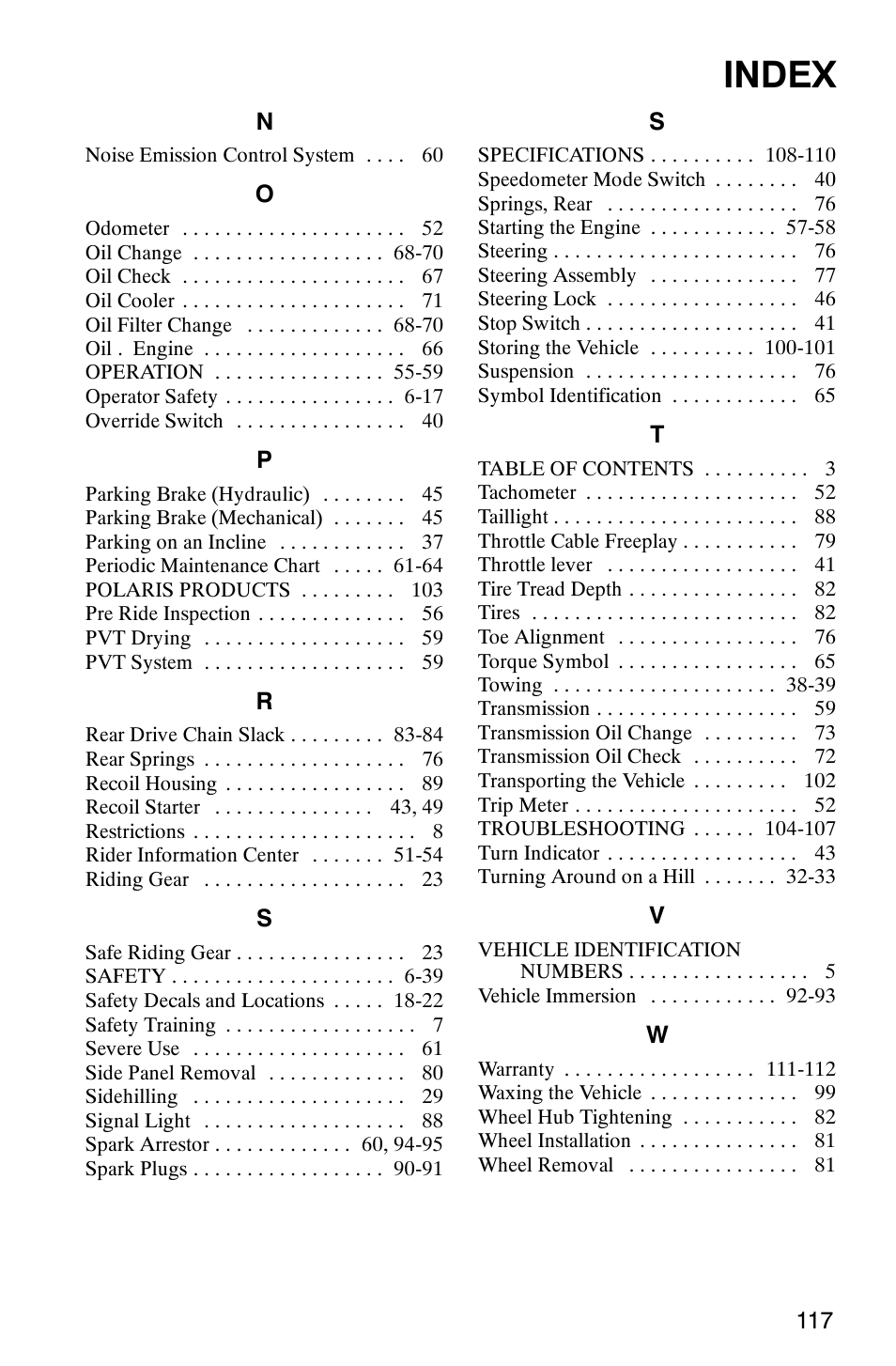 Index | Polaris Trail Boss 330 Quadricycle User Manual | Page 119 / 119