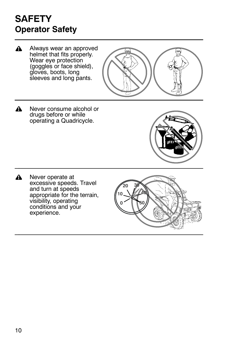 Safety, Operator safety | Polaris Trail Boss 330 Quadricycle User Manual | Page 12 / 119