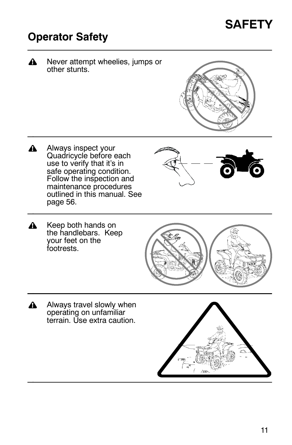 Safety, Operator safety | Polaris Trail Boss 330 Quadricycle User Manual | Page 13 / 119