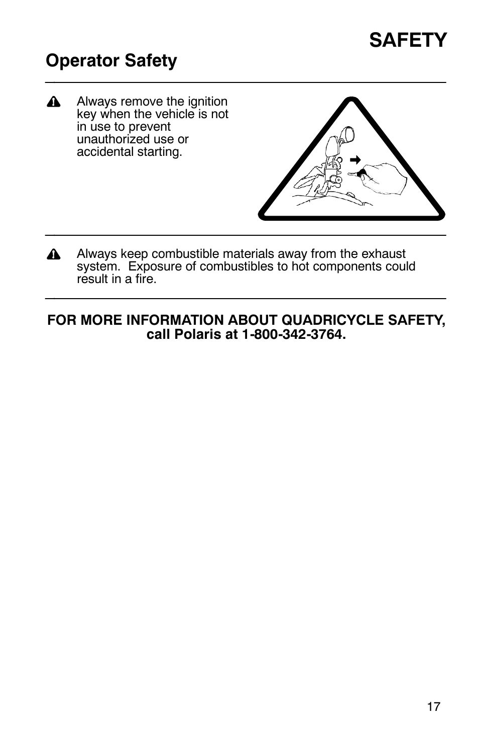 Safety, Operator safety | Polaris Trail Boss 330 Quadricycle User Manual | Page 19 / 119