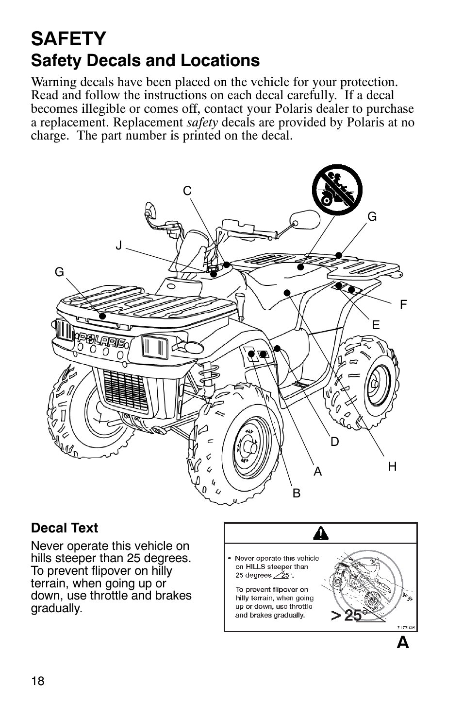 Safety, Safety decals and locations | Polaris Trail Boss 330 Quadricycle User Manual | Page 20 / 119