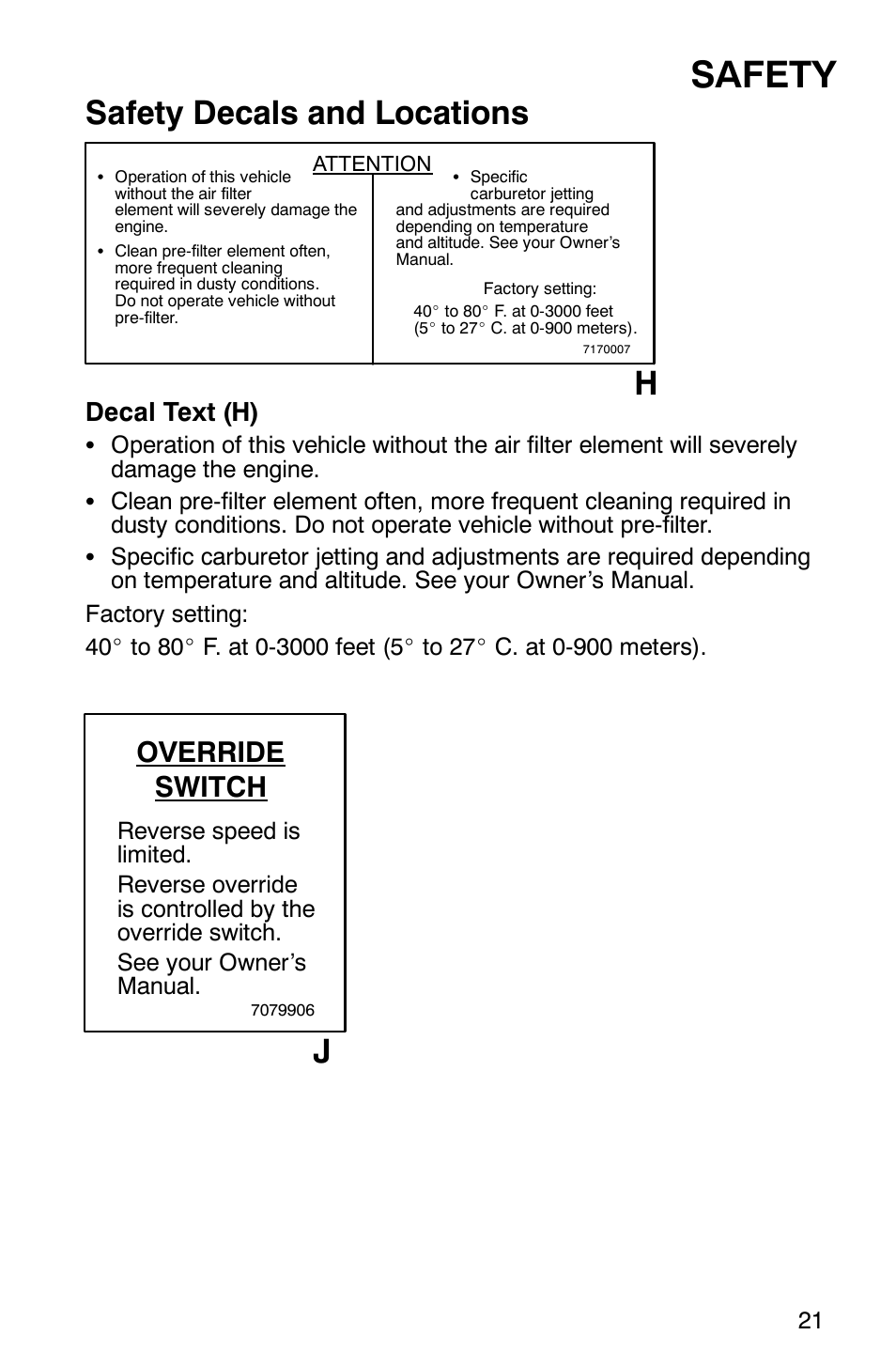 Safety, Safety decals and locations, Override switch | Decal text (h) | Polaris Trail Boss 330 Quadricycle User Manual | Page 23 / 119