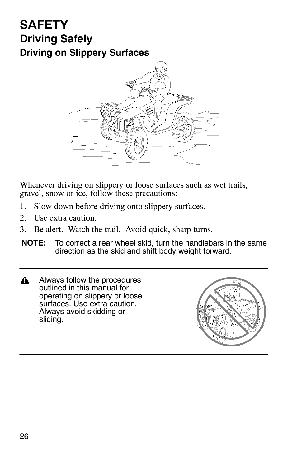 Safety, Driving safely | Polaris Trail Boss 330 Quadricycle User Manual | Page 28 / 119