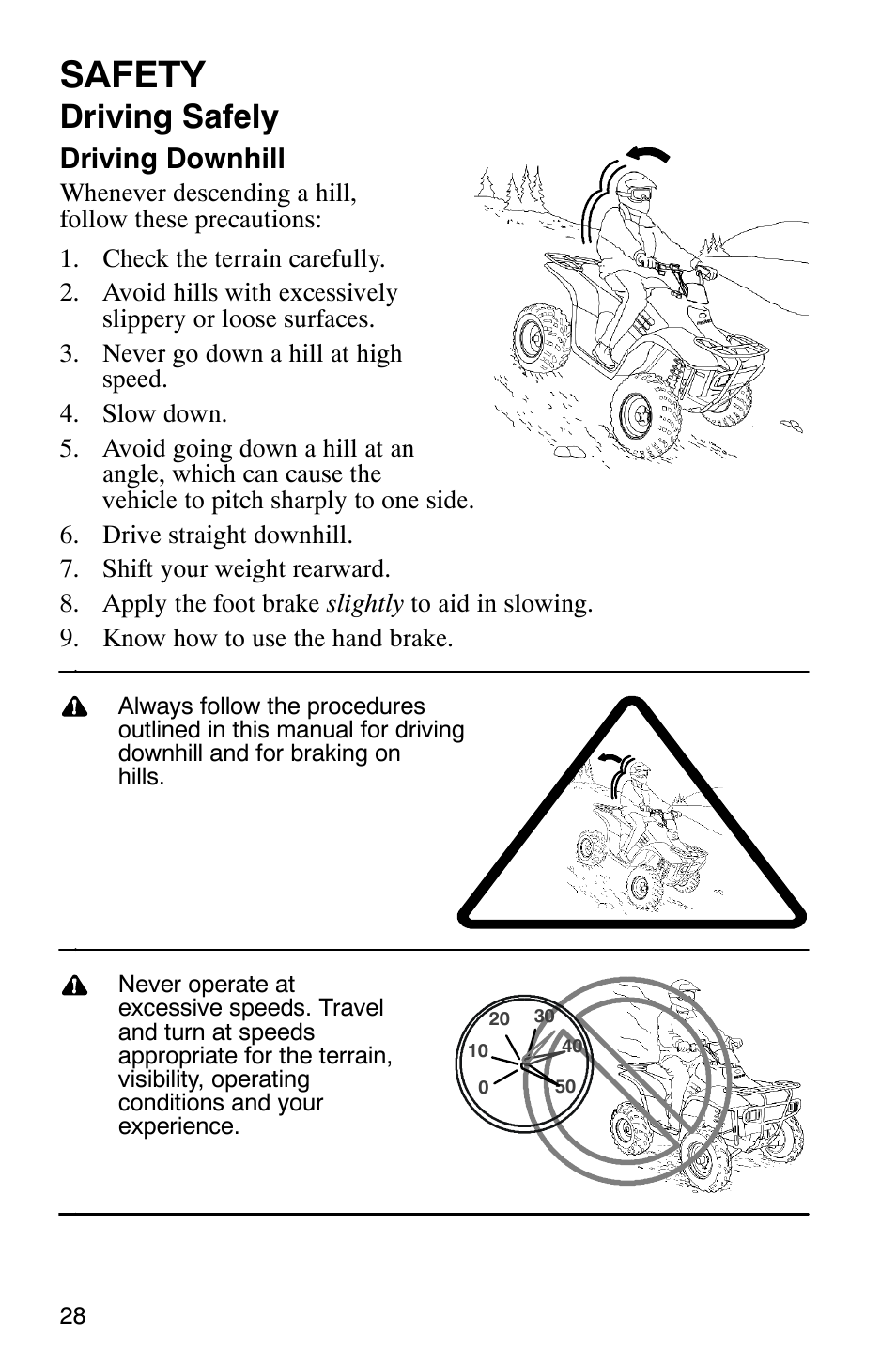 Safety, Driving safely, Driving downhill | Polaris Trail Boss 330 Quadricycle User Manual | Page 30 / 119