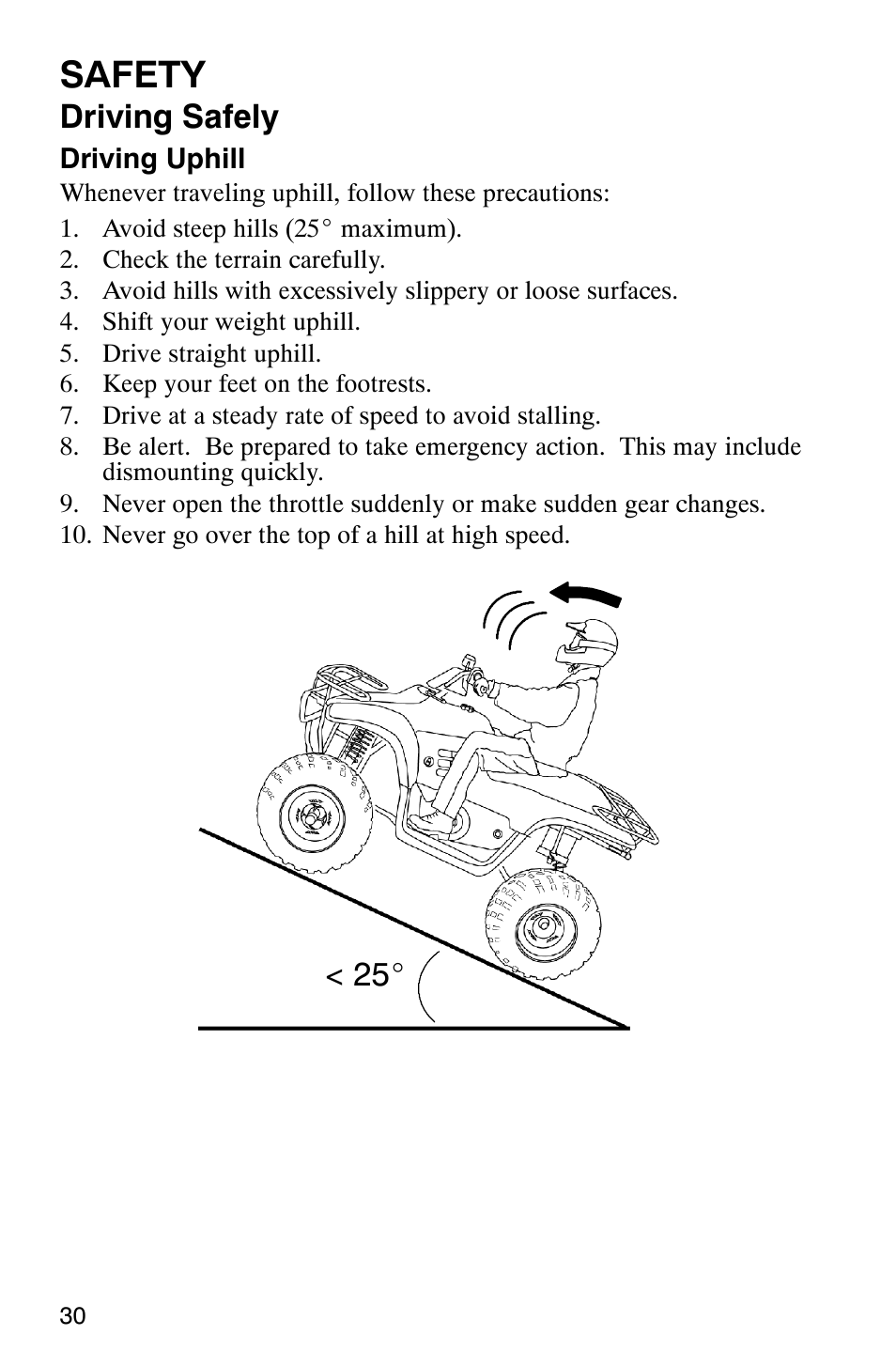 Safety, Driving safely | Polaris Trail Boss 330 Quadricycle User Manual | Page 32 / 119