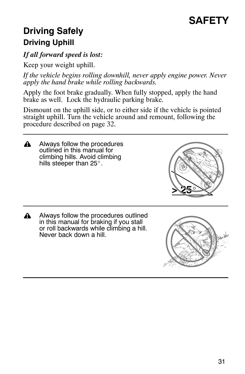 Safety, Driving safely | Polaris Trail Boss 330 Quadricycle User Manual | Page 33 / 119