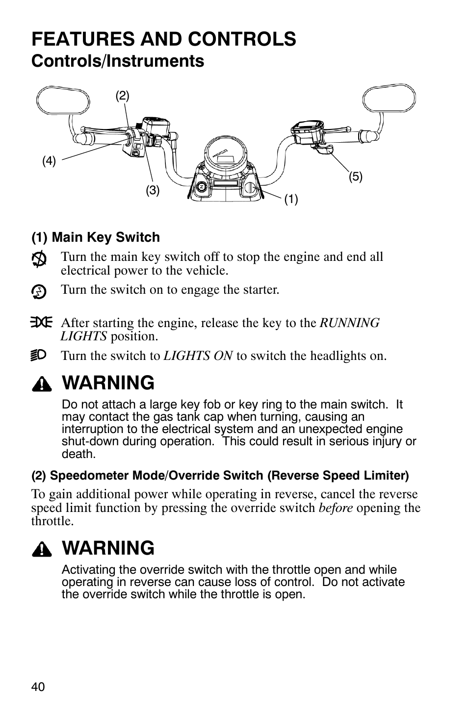 Features and controls, Warning, Controls/instruments | Polaris Trail Boss 330 Quadricycle User Manual | Page 42 / 119