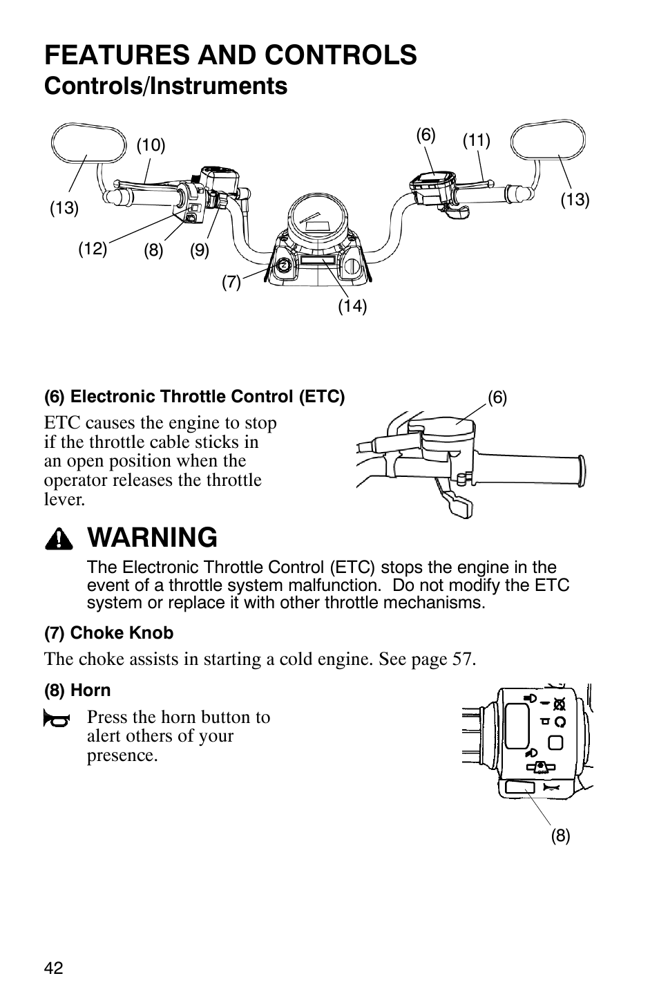 Features and controls, Warning, Controls/instruments | Polaris Trail Boss 330 Quadricycle User Manual | Page 44 / 119