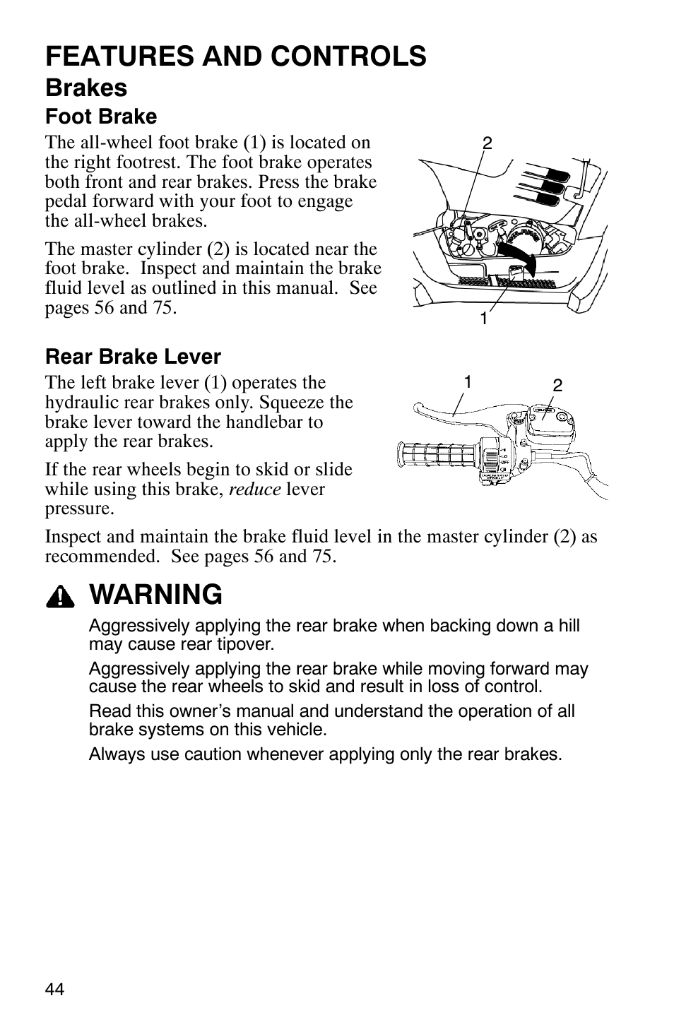 Features and controls, Warning, Brakes | Polaris Trail Boss 330 Quadricycle User Manual | Page 46 / 119