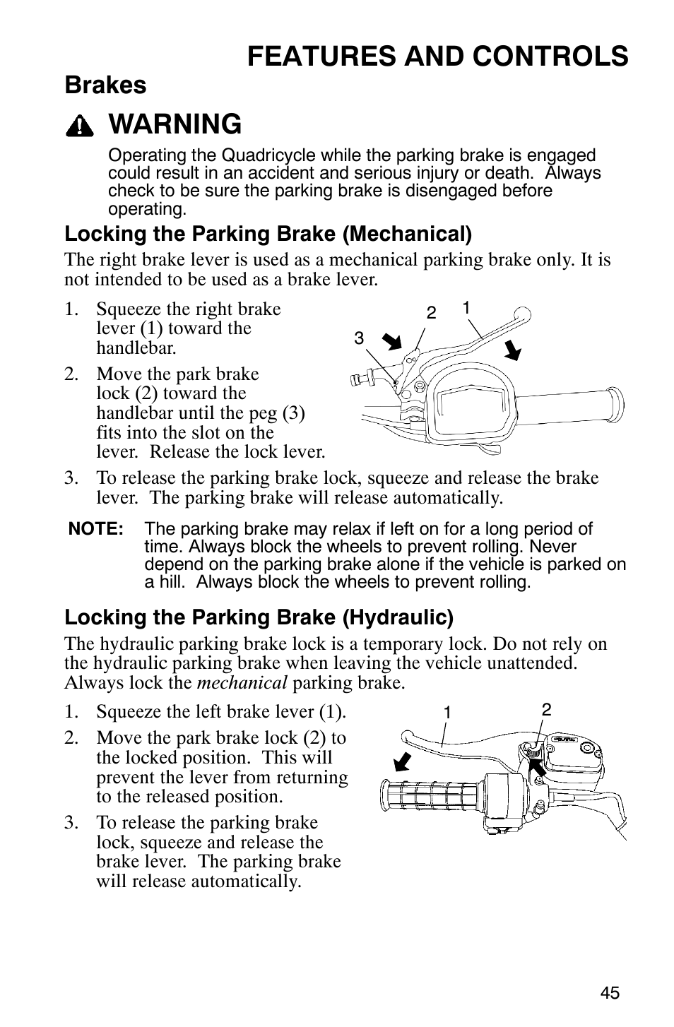 Features and controls, Warning, Brakes | Polaris Trail Boss 330 Quadricycle User Manual | Page 47 / 119