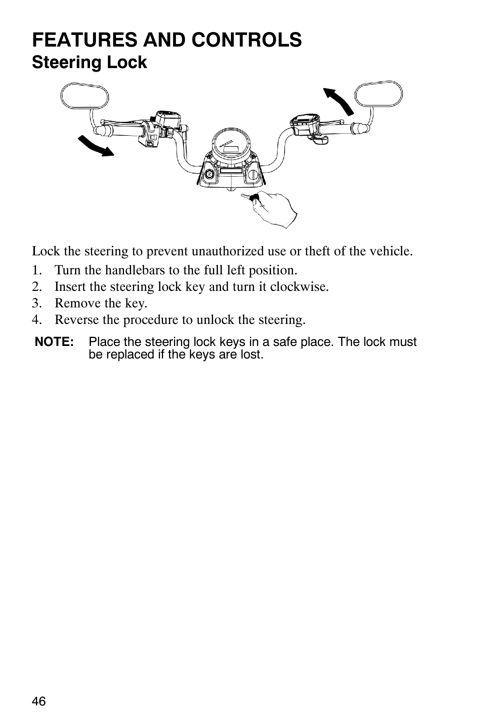 Features and controls, Steering lock | Polaris Trail Boss 330 Quadricycle User Manual | Page 48 / 119