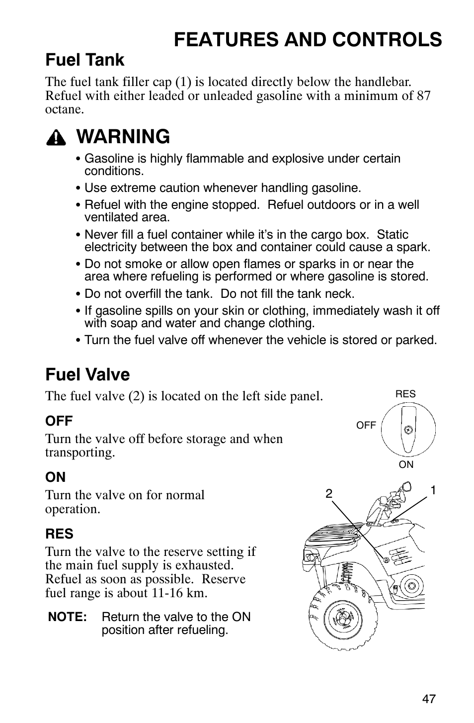 Features and controls, Warning, Fuel tank | Fuel valve | Polaris Trail Boss 330 Quadricycle User Manual | Page 49 / 119