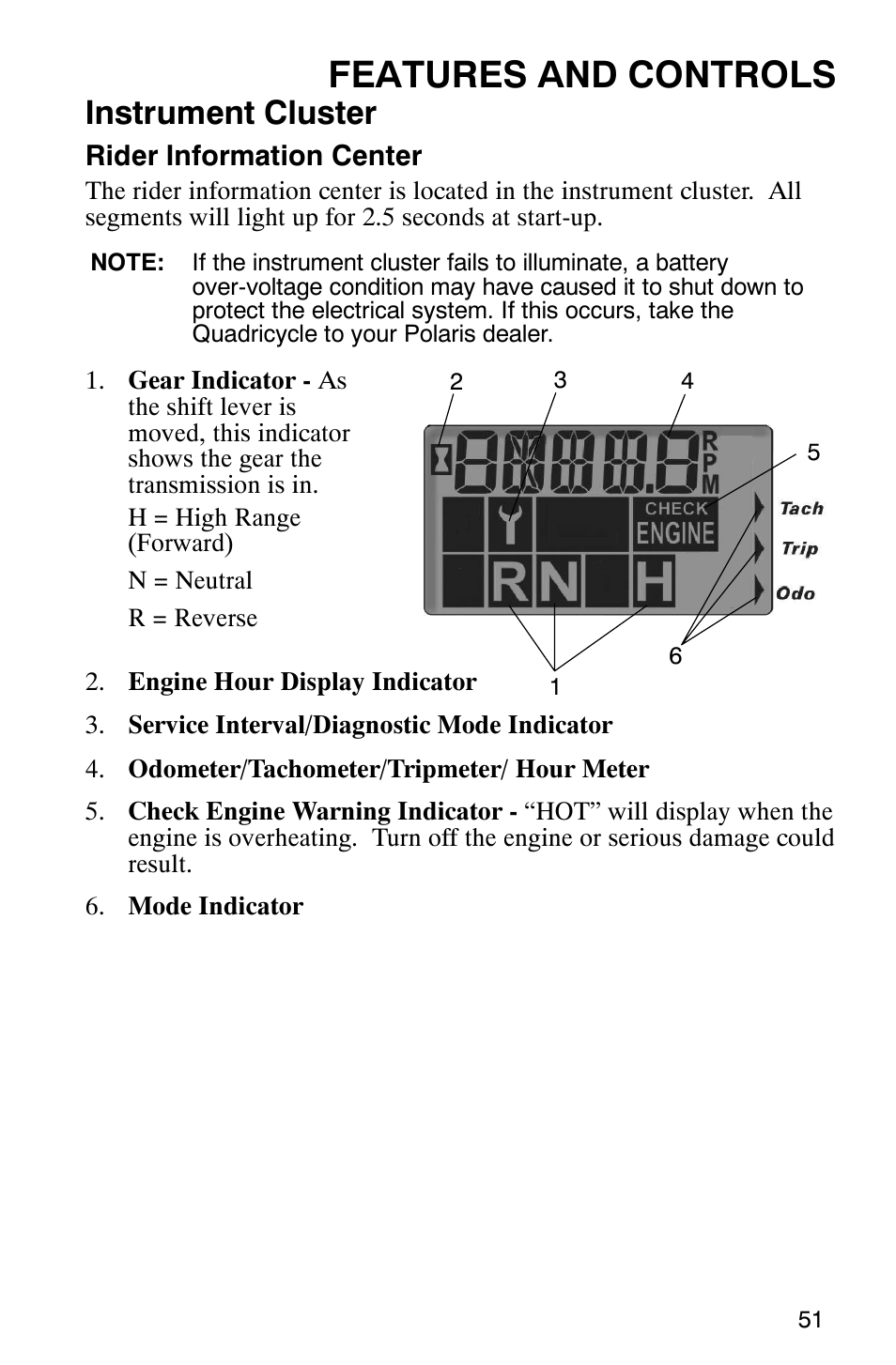 Features and controls, Instrument cluster | Polaris Trail Boss 330 Quadricycle User Manual | Page 53 / 119