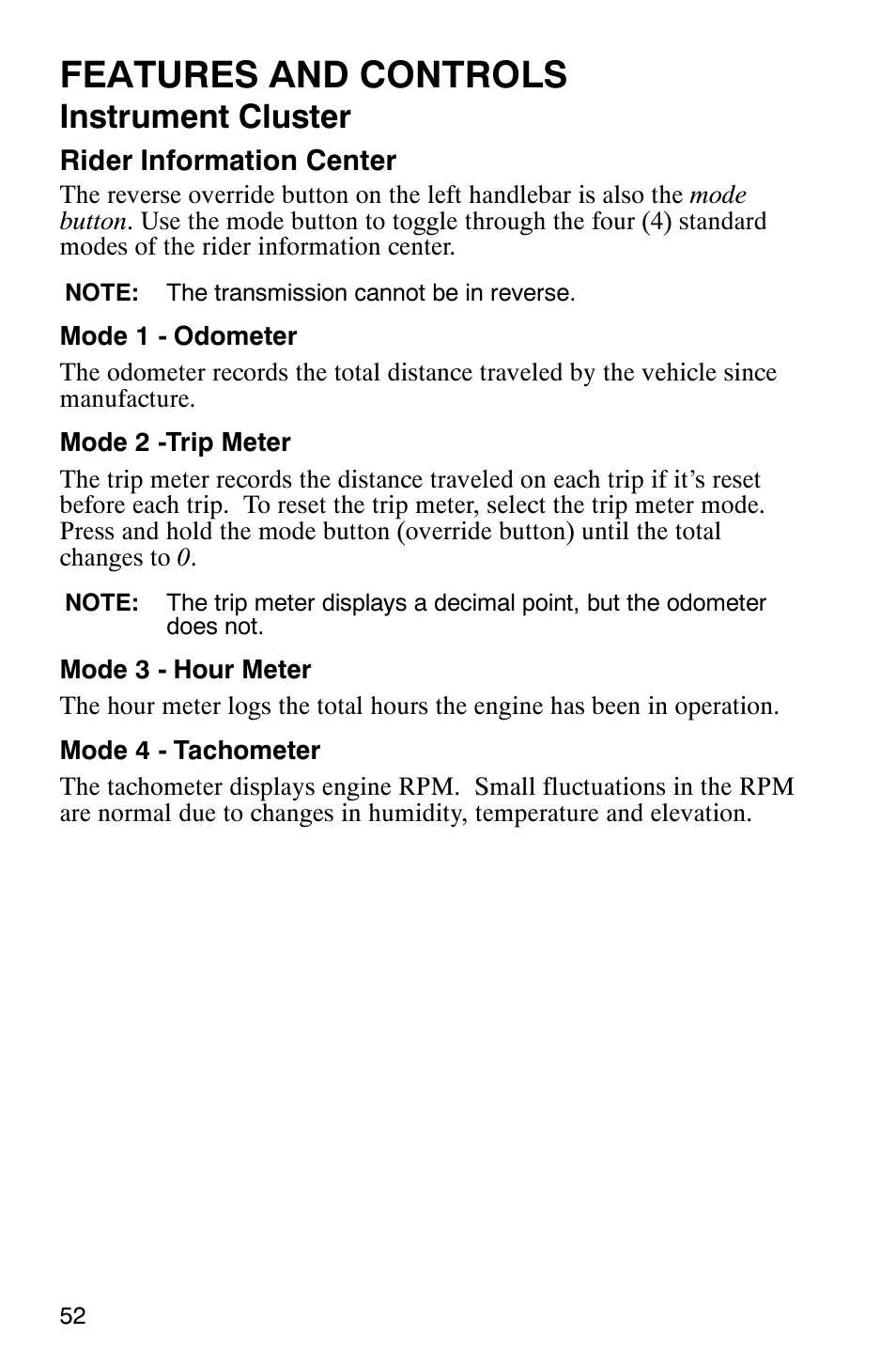 Features and controls, Instrument cluster | Polaris Trail Boss 330 Quadricycle User Manual | Page 54 / 119