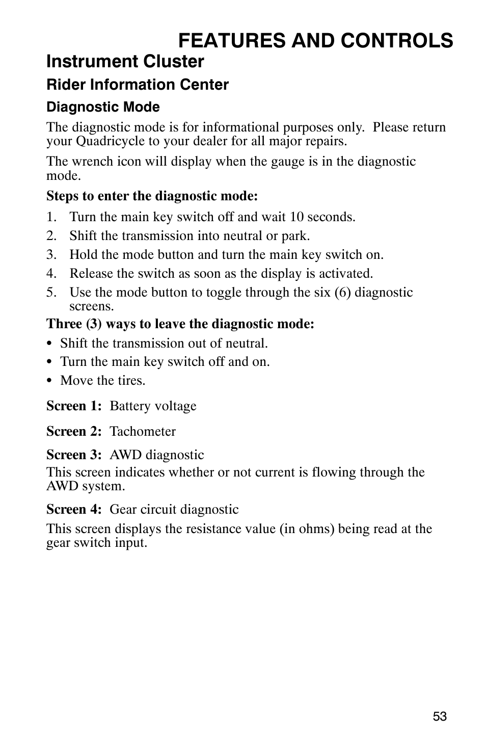 Features and controls, Instrument cluster | Polaris Trail Boss 330 Quadricycle User Manual | Page 55 / 119
