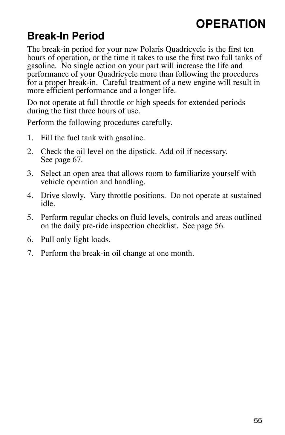 Operation, Break-in period | Polaris Trail Boss 330 Quadricycle User Manual | Page 57 / 119