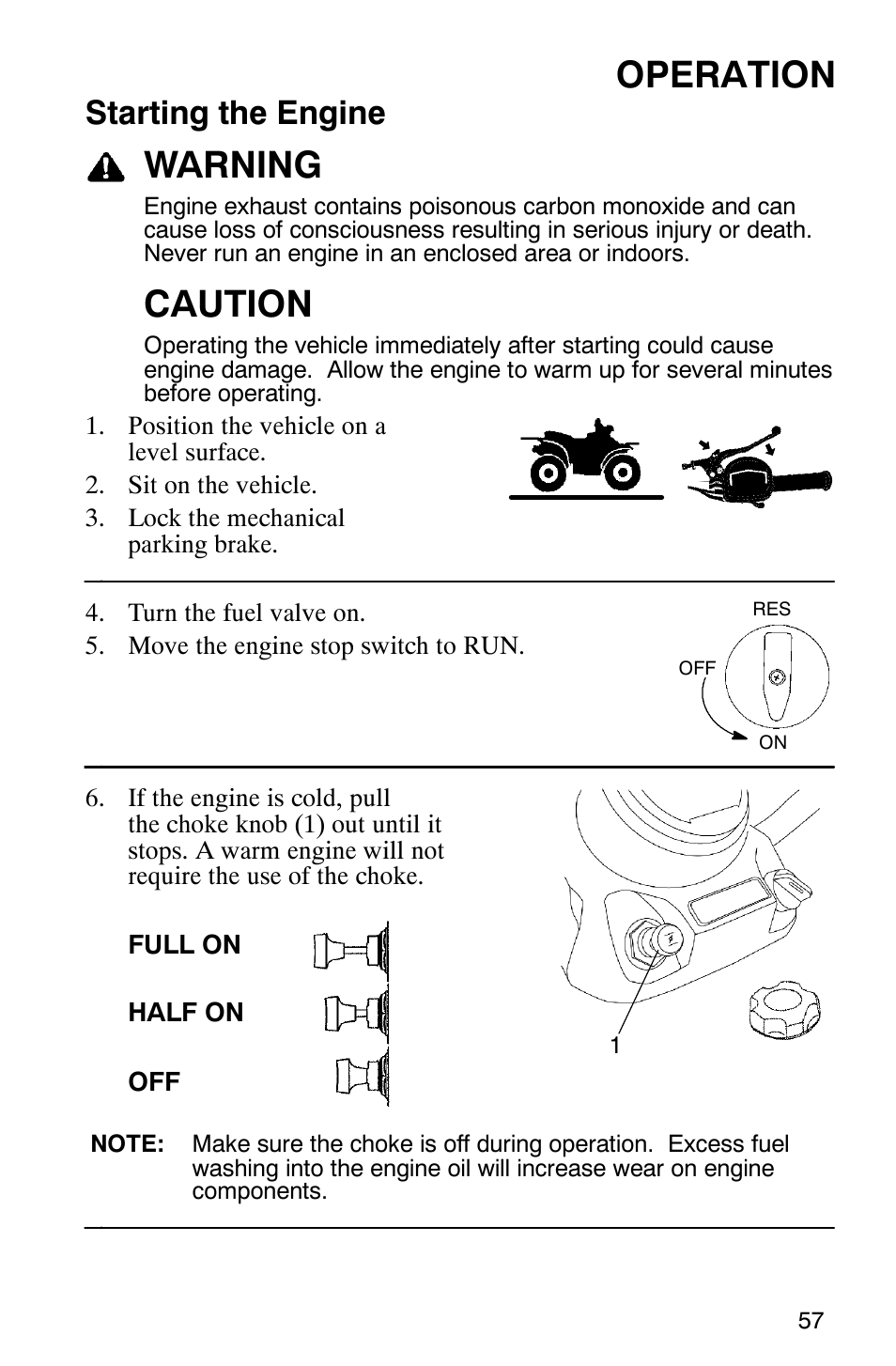 Operation, Warning, Caution | Starting the engine | Polaris Trail Boss 330 Quadricycle User Manual | Page 59 / 119