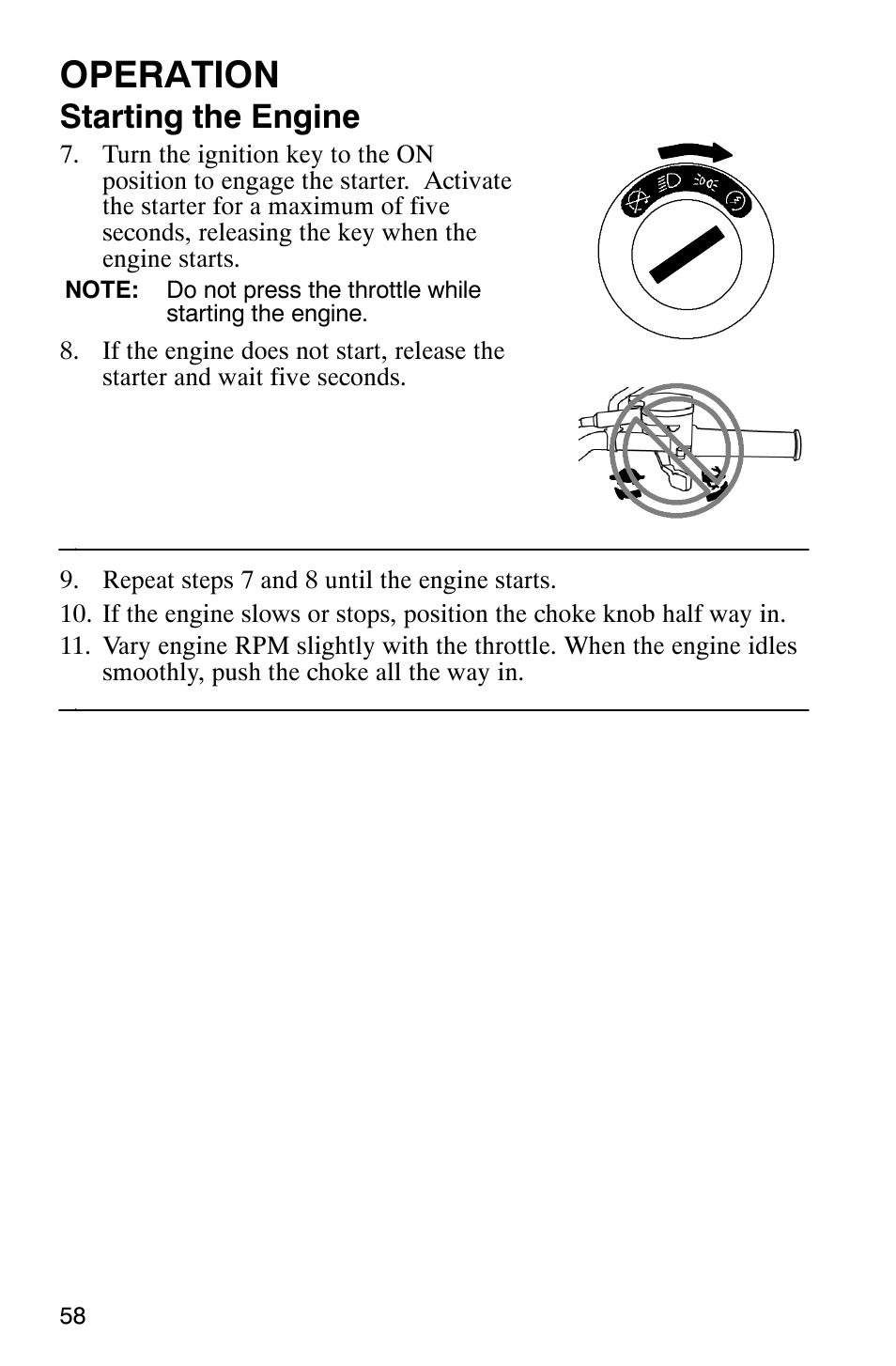 Operation, Starting the engine | Polaris Trail Boss 330 Quadricycle User Manual | Page 60 / 119
