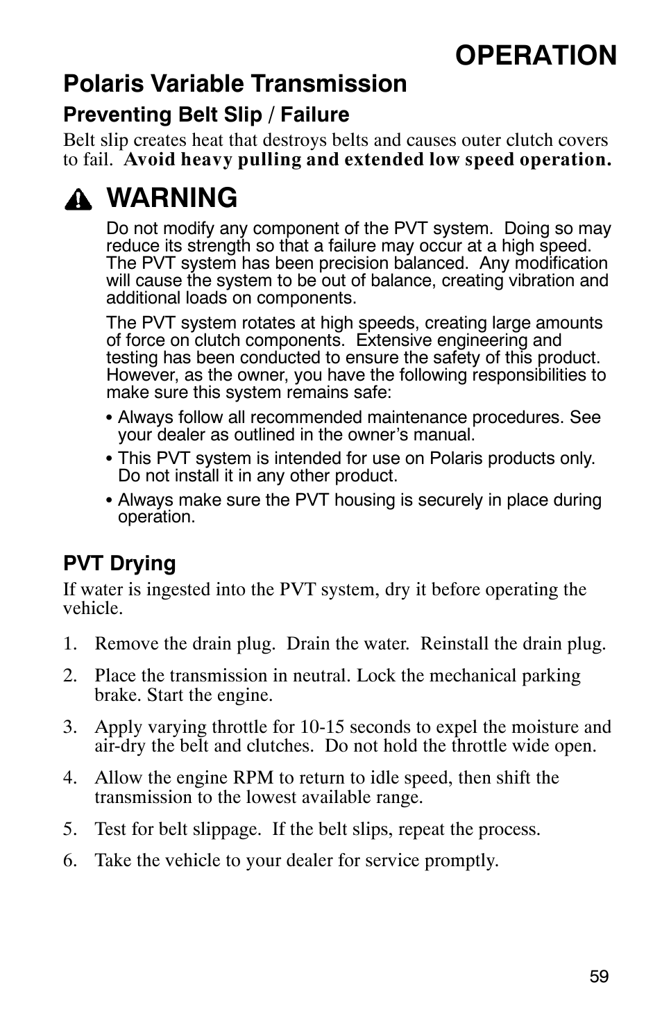 Operation, Warning, Polaris variable transmission | Polaris Trail Boss 330 Quadricycle User Manual | Page 61 / 119