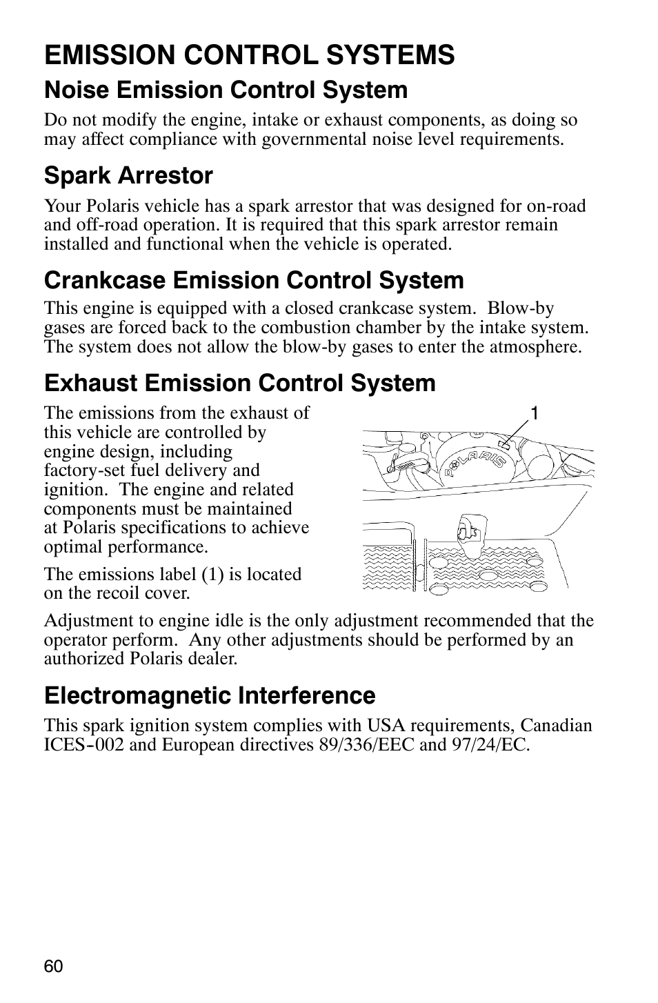 Emission control systems, Noise emission control system, Spark arrestor | Crankcase emission control system, Exhaust emission control system, Electromagnetic interference | Polaris Trail Boss 330 Quadricycle User Manual | Page 62 / 119