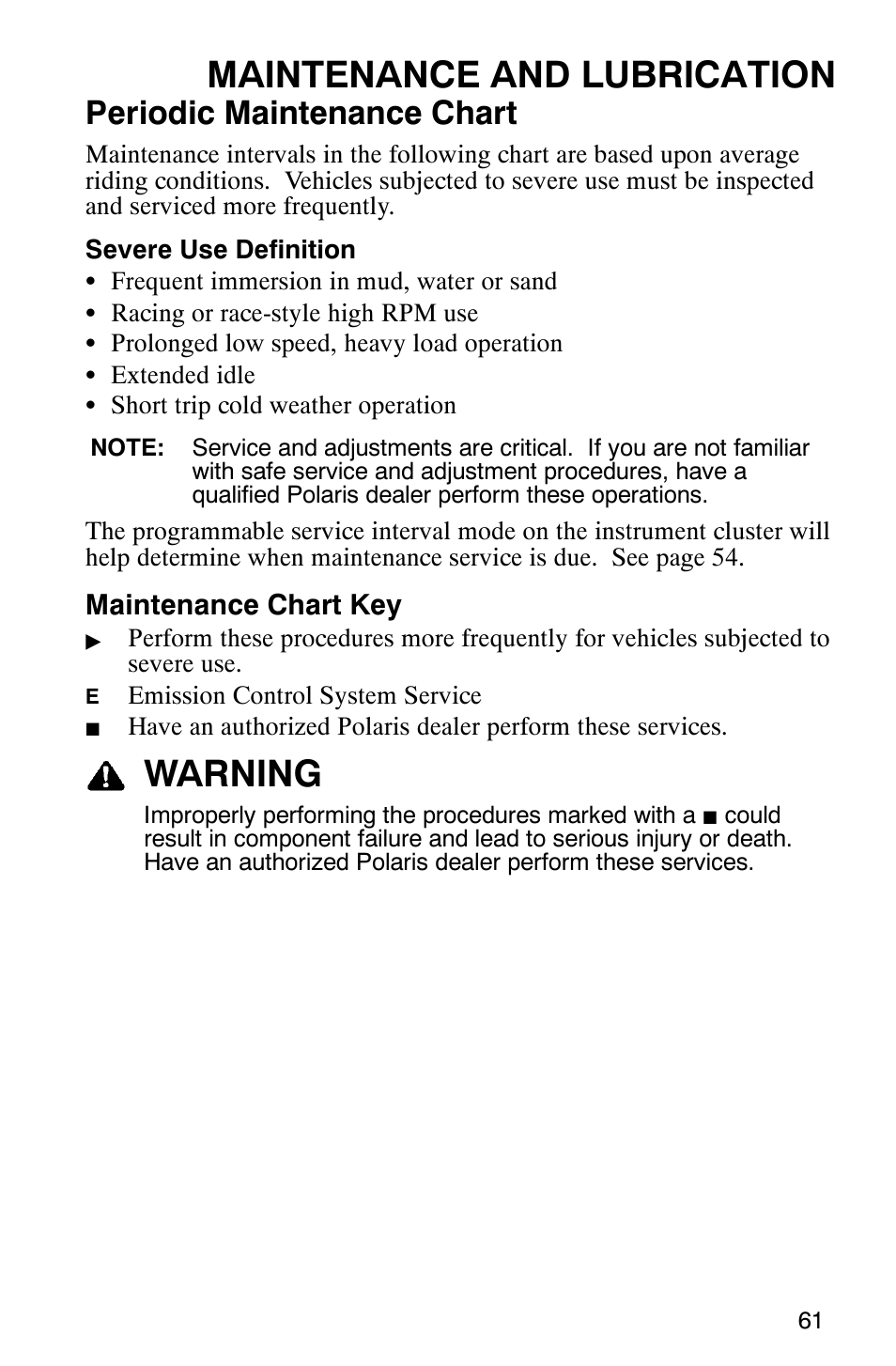 Maintenance and lubrication, Warning, Periodic maintenance chart | Maintenance chart key | Polaris Trail Boss 330 Quadricycle User Manual | Page 63 / 119