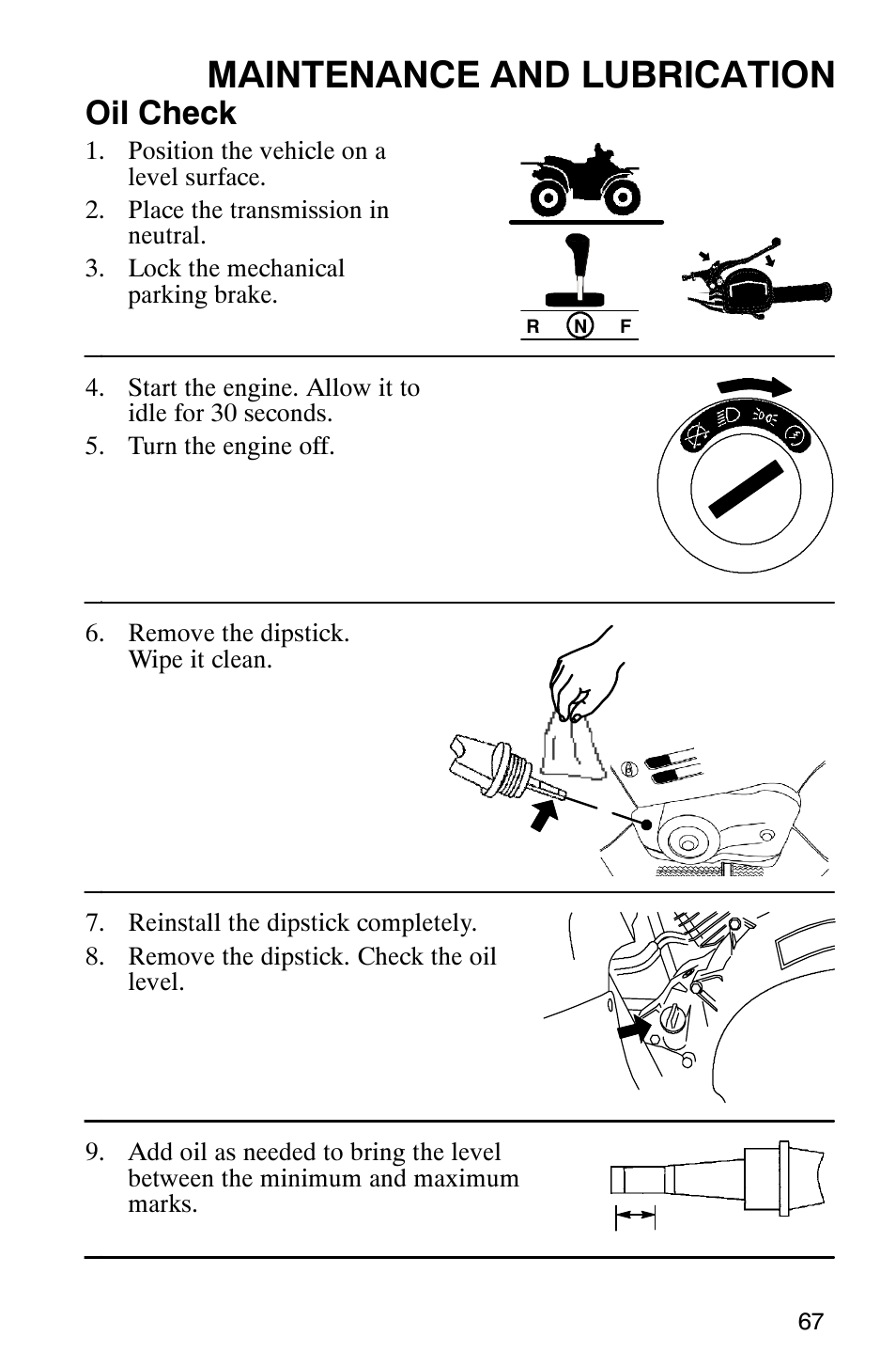 Maintenance and lubrication, Oil check | Polaris Trail Boss 330 Quadricycle User Manual | Page 69 / 119