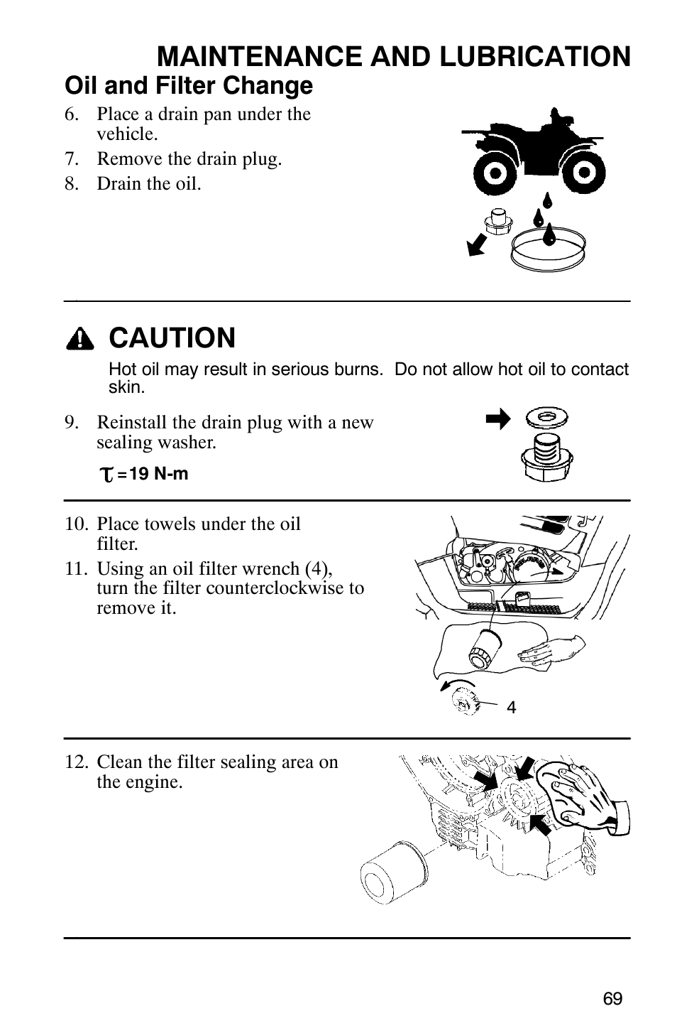 Maintenance and lubrication, Caution, Oil and filter change | Polaris Trail Boss 330 Quadricycle User Manual | Page 71 / 119