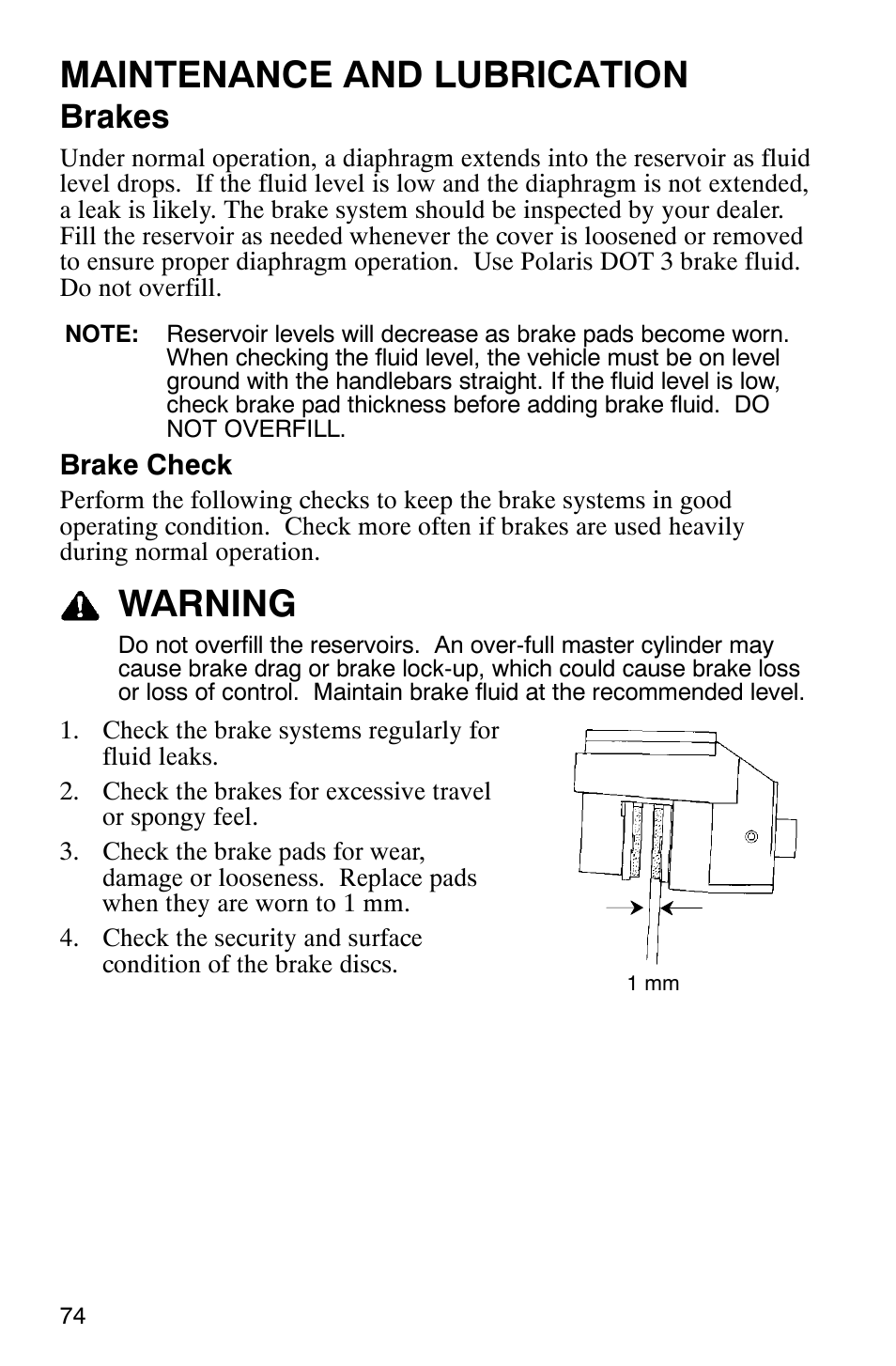 Maintenance and lubrication, Warning, Brakes | Polaris Trail Boss 330 Quadricycle User Manual | Page 76 / 119