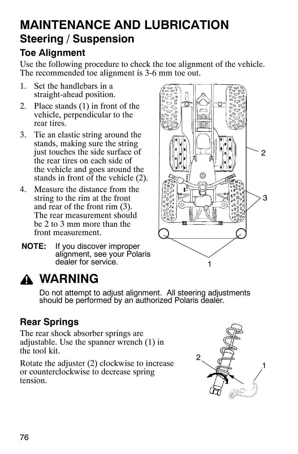 Maintenance and lubrication, Warning, Steering / suspension | Polaris Trail Boss 330 Quadricycle User Manual | Page 78 / 119