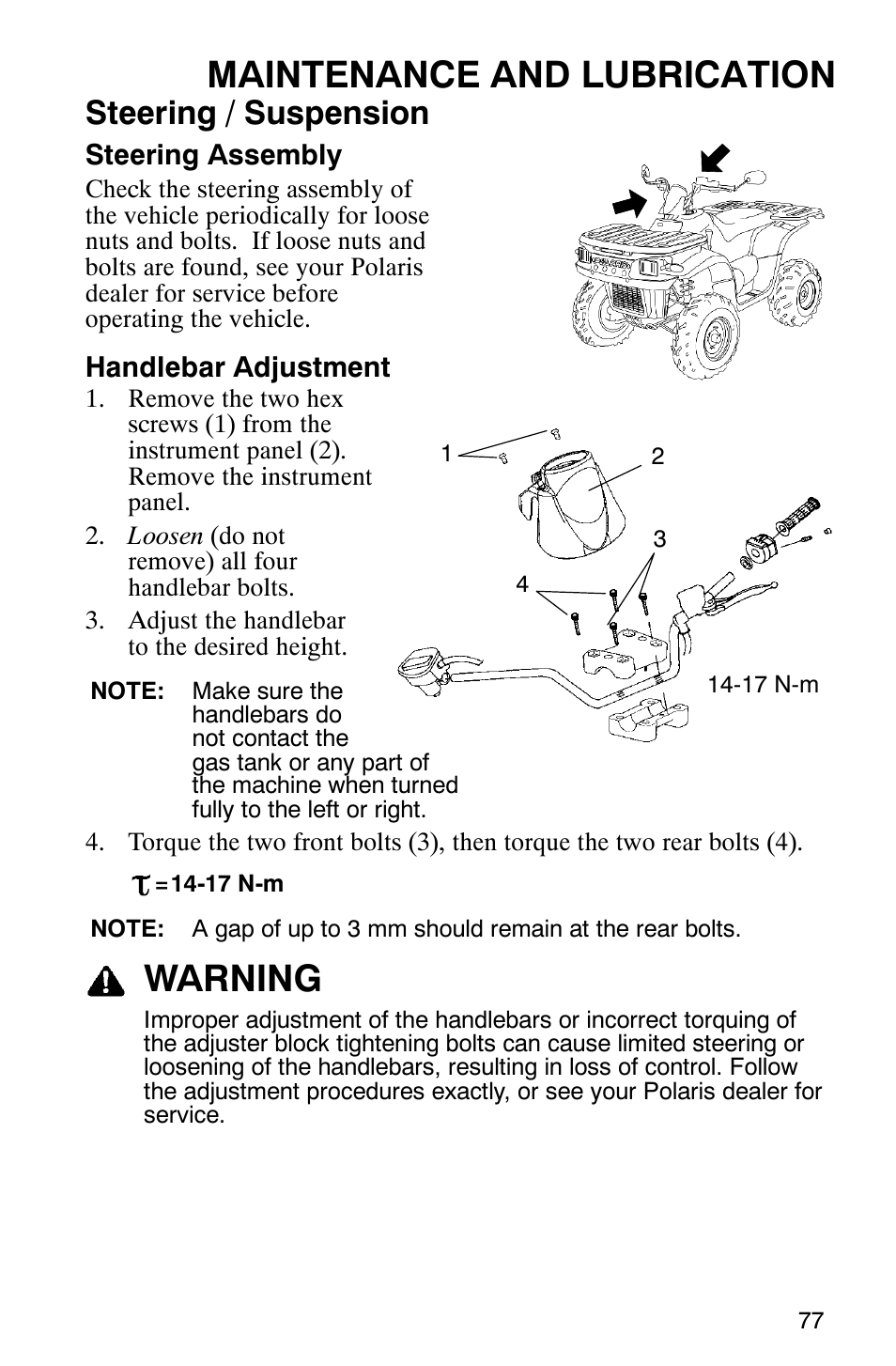 Maintenance and lubrication, Warning, Steering / suspension | Polaris Trail Boss 330 Quadricycle User Manual | Page 79 / 119