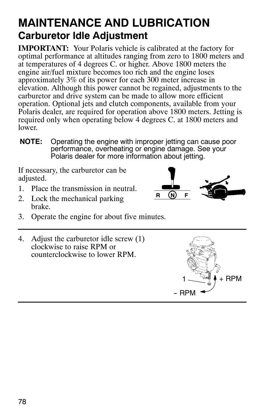 Maintenance and lubrication, Carburetor idle adjustment | Polaris Trail Boss 330 Quadricycle User Manual | Page 80 / 119